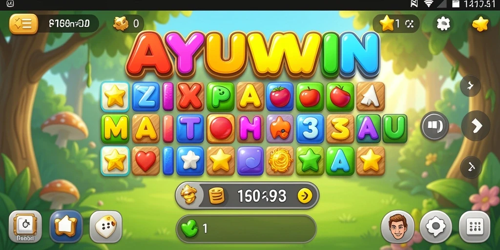 Antarmuka AYUWIN menampilkan grafik cerah dan tingkat permainan Puzzle Match-3.