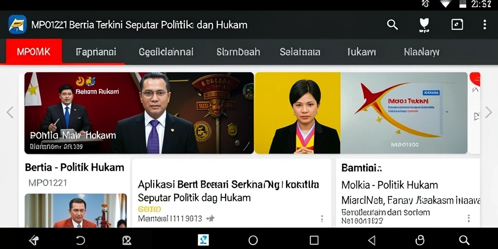Tampilan antarmuka aplikasi MPO1221 dengan berita politik terkini.