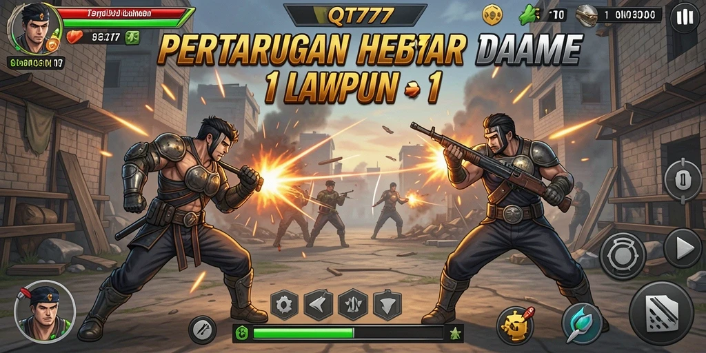 Tampilan antarmuka pertarungan QT777 yang seru dan dinamis.